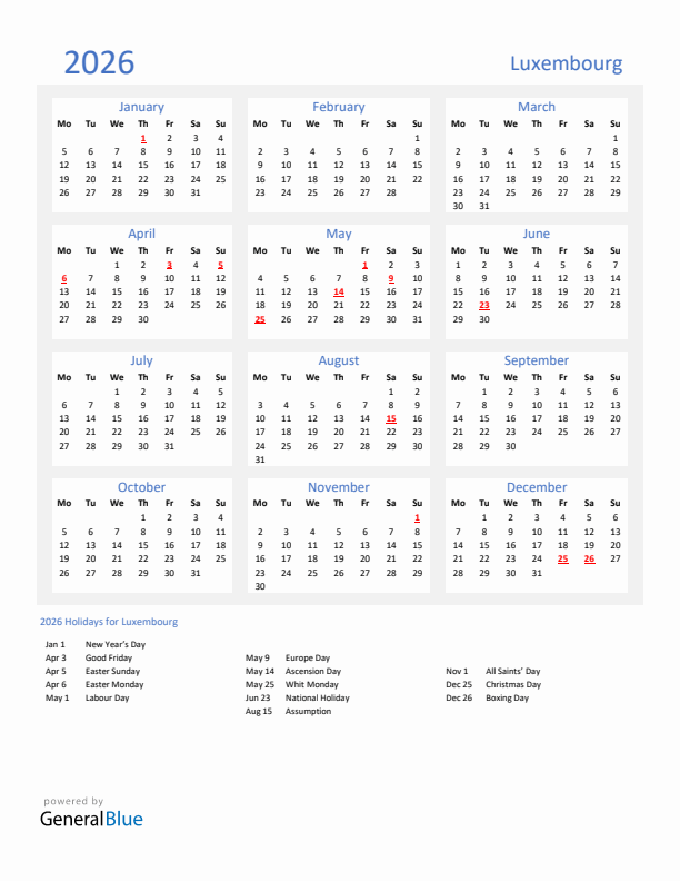 Basic Yearly Calendar with Holidays in Luxembourg for 2026