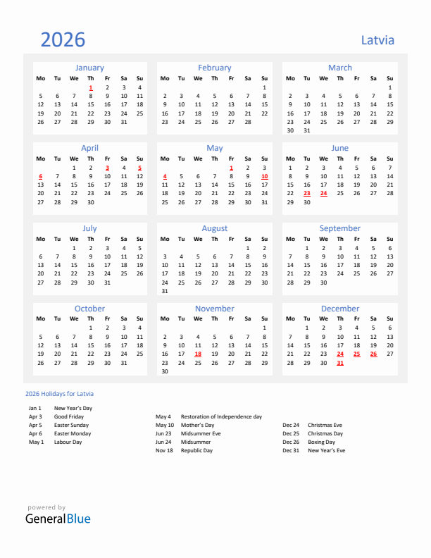 Basic Yearly Calendar with Holidays in Latvia for 2026