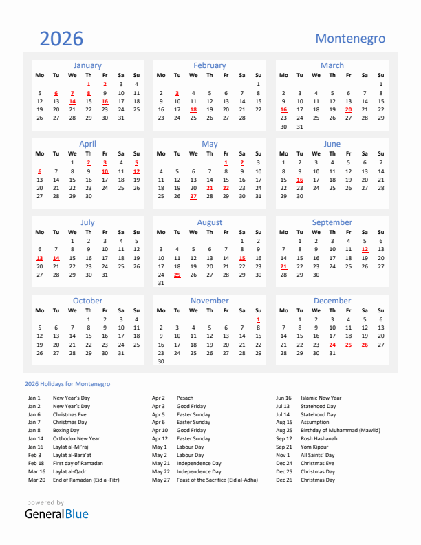 Basic Yearly Calendar with Holidays in Montenegro for 2026 
