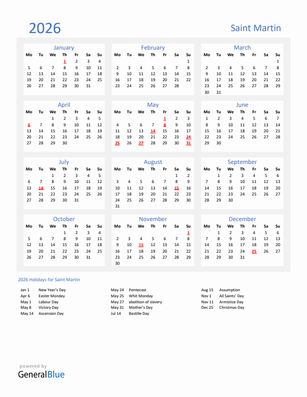 Basic Yearly Calendar with Holidays in Saint Martin for 2026 
