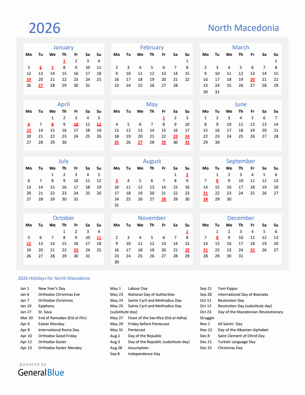 Basic Yearly Calendar with Holidays in North Macedonia for 2026 