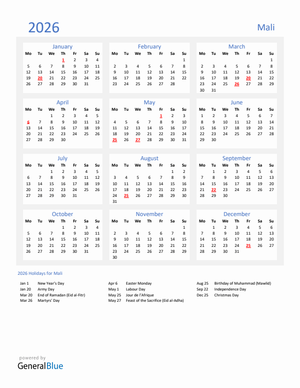 Basic Yearly Calendar with Holidays in Mali for 2026 