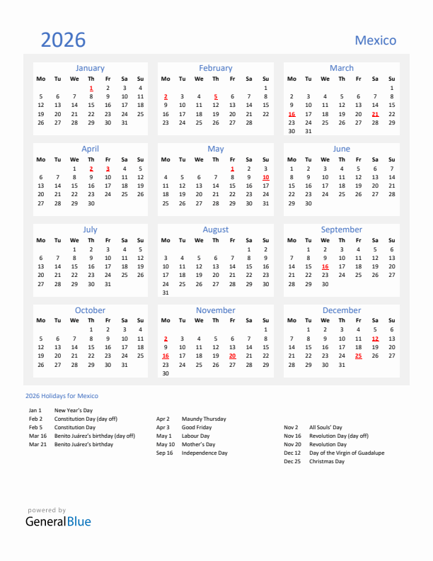 Basic Yearly Calendar with Holidays in Mexico for 2026
