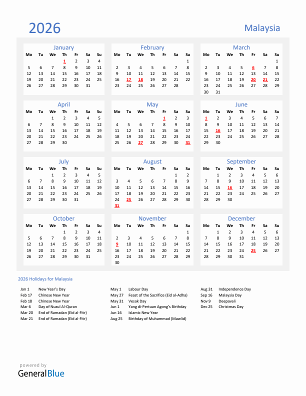 Basic Yearly Calendar with Holidays in Malaysia for 2026 