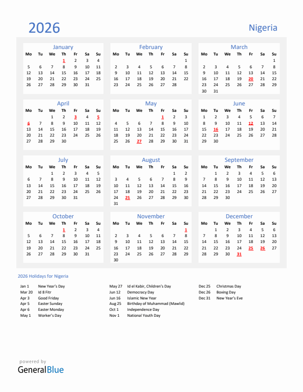 Basic Yearly Calendar with Holidays in Nigeria for 2026 