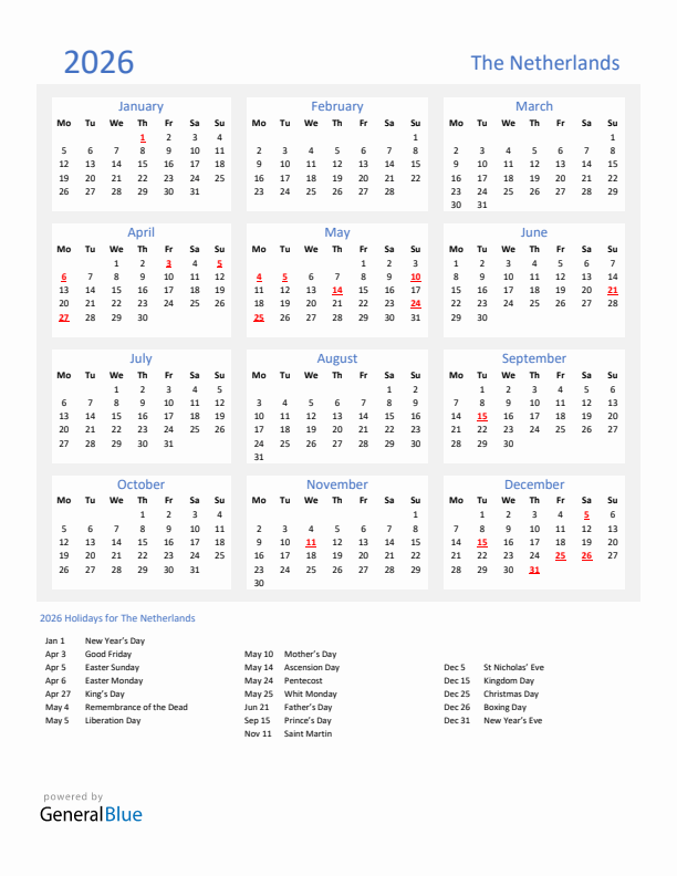 Basic Yearly Calendar with Holidays in The Netherlands for 2026