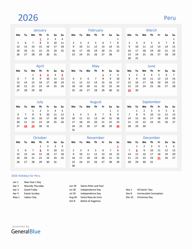 Basic Yearly Calendar with Holidays in Peru for 2026