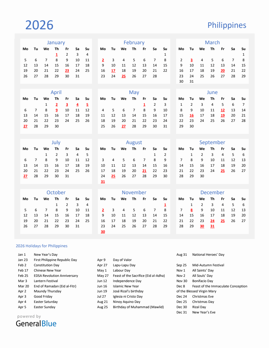 Basic Yearly Calendar with Holidays in Philippines for 2026