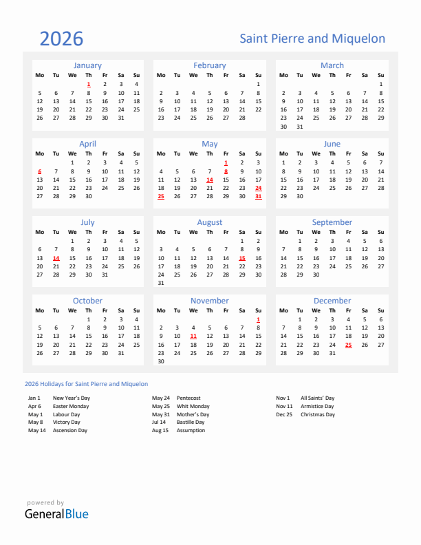 Basic Yearly Calendar with Holidays in Saint Pierre and Miquelon for 2026 