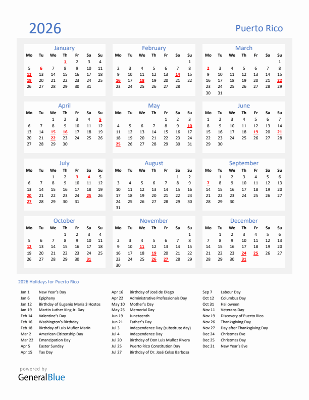 Basic Yearly Calendar with Holidays in Puerto Rico for 2026 