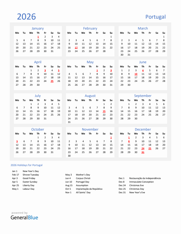 Basic Yearly Calendar with Holidays in Portugal for 2026