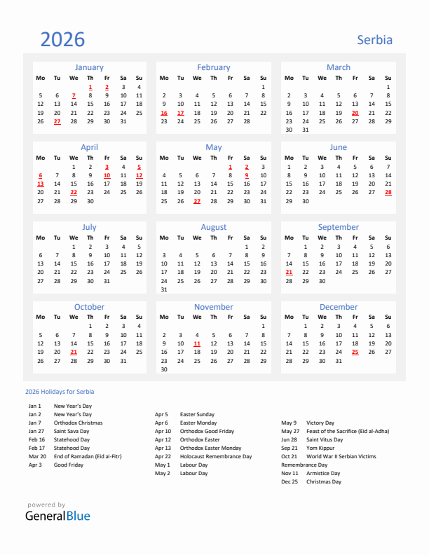 Basic Yearly Calendar with Holidays in Serbia for 2026