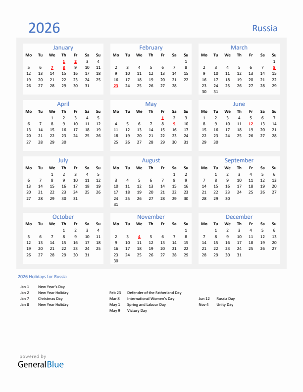 Basic Yearly Calendar with Holidays in Russia for 2026