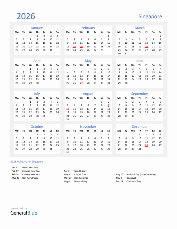 Basic Yearly Calendar with Holidays in Singapore for 2026