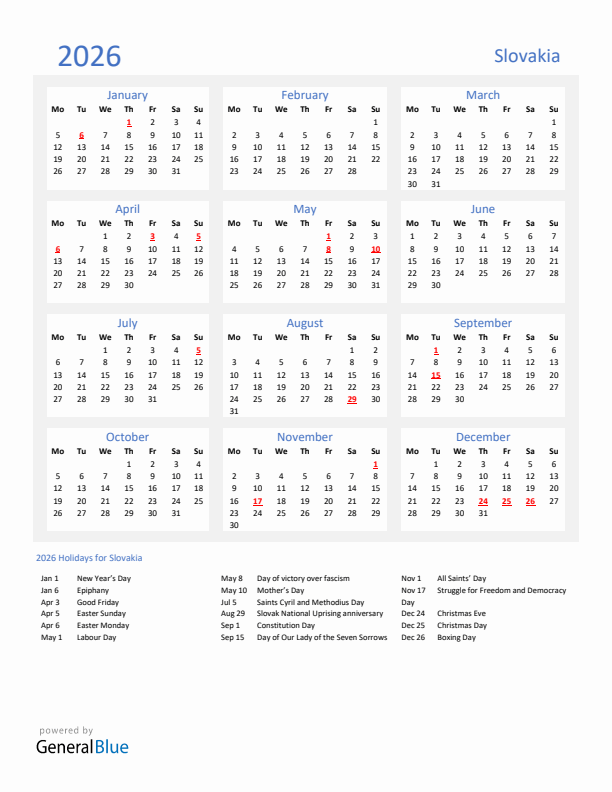 Basic Yearly Calendar with Holidays in Slovakia for 2026