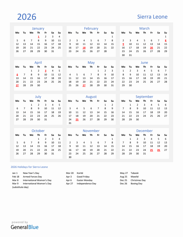 Basic Yearly Calendar with Holidays in Sierra Leone for 2026 