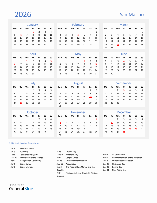 Basic Yearly Calendar with Holidays in San Marino for 2026