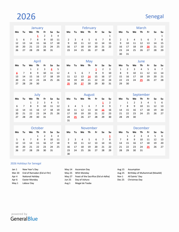 Basic Yearly Calendar with Holidays in Senegal for 2026 
