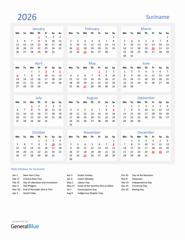 Basic Yearly Calendar with Holidays in Suriname for 2026