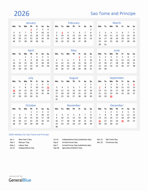 Basic Yearly Calendar with Holidays in Sao Tome and Principe for 2026 