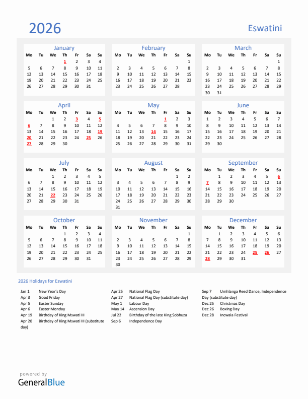 Basic Yearly Calendar with Holidays in Eswatini for 2026