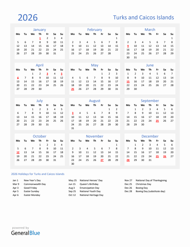 Basic Yearly Calendar with Holidays in Turks and Caicos Islands for 2026 
