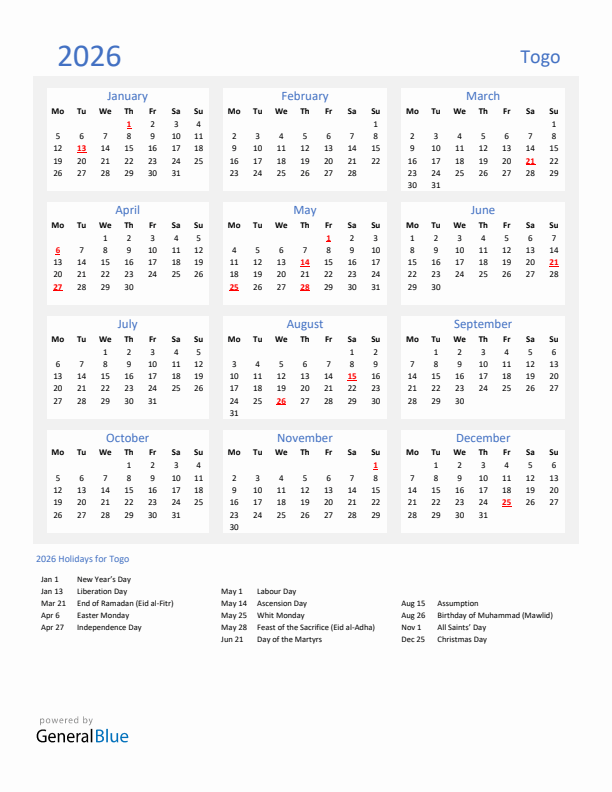 Basic Yearly Calendar with Holidays in Togo for 2026