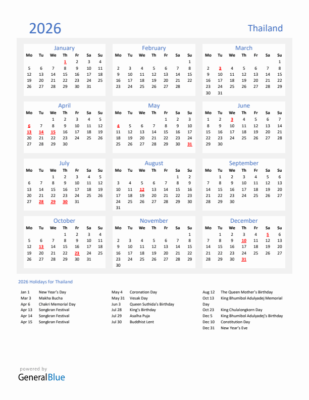 Basic Yearly Calendar with Holidays in Thailand for 2026 