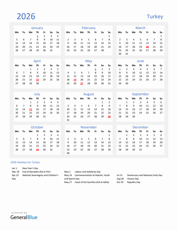 Basic Yearly Calendar with Holidays in Turkey for 2026