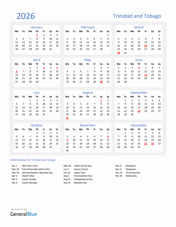 Basic Yearly Calendar with Holidays in Trinidad and Tobago for 2026 