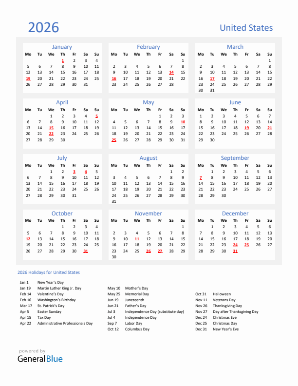 Basic Yearly Calendar with Holidays in United States for 2026