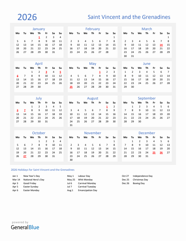 Basic Yearly Calendar with Holidays in Saint Vincent and the Grenadines for 2026 