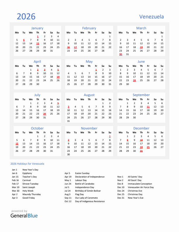 Basic Yearly Calendar with Holidays in Venezuela for 2026