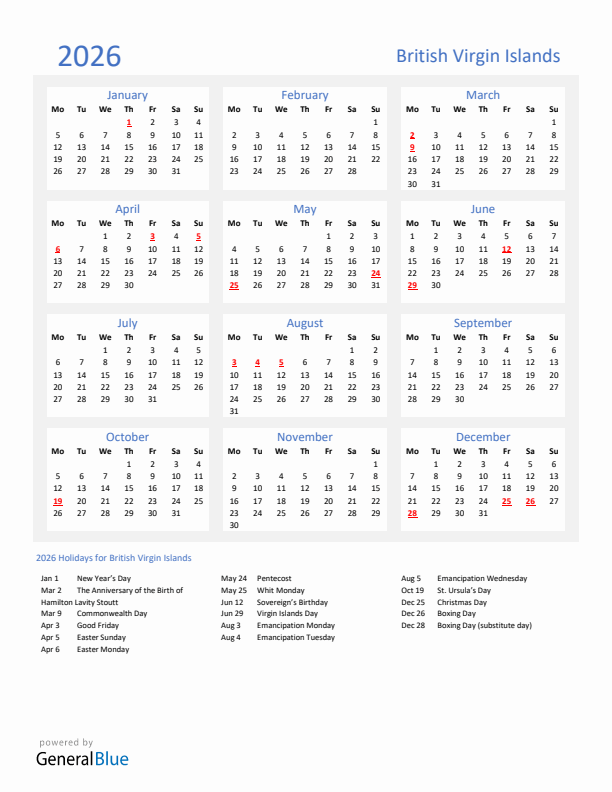 Basic Yearly Calendar with Holidays in British Virgin Islands for 2026 