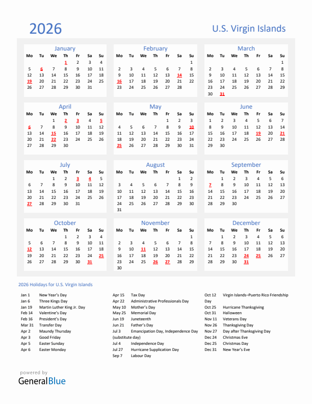 Basic Yearly Calendar with Holidays in U.S. Virgin Islands for 2026 