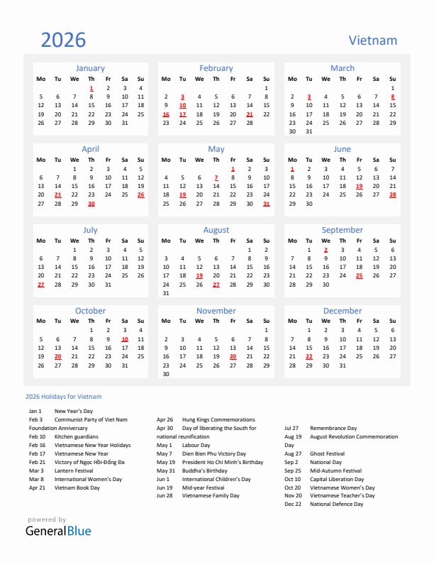 Basic Yearly Calendar with Holidays in Vietnam for 2026