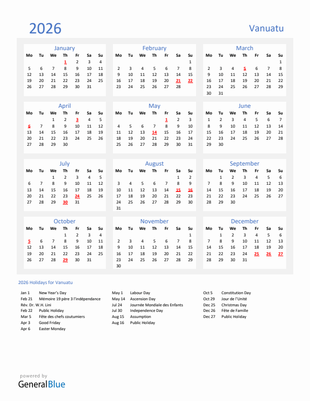 Basic Yearly Calendar with Holidays in Vanuatu for 2026 