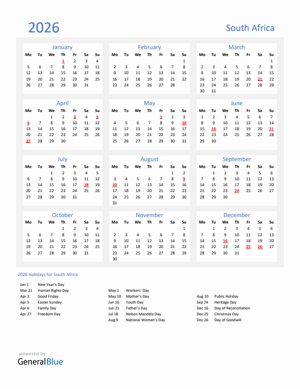 Basic Yearly Calendar with Holidays in South Africa for 2026