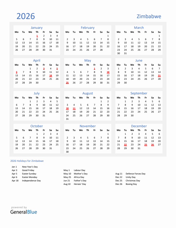 Basic Yearly Calendar with Holidays in Zimbabwe for 2026