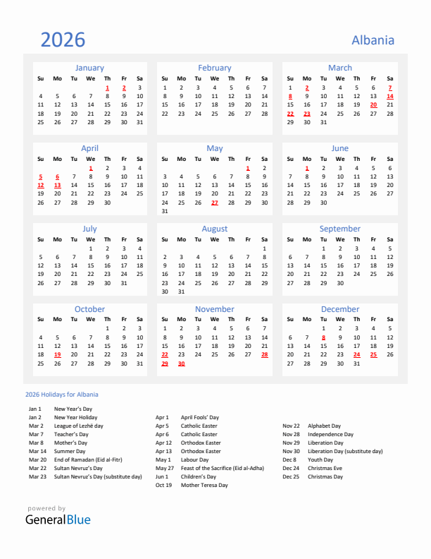 Basic Yearly Calendar with Holidays in Albania for 2026