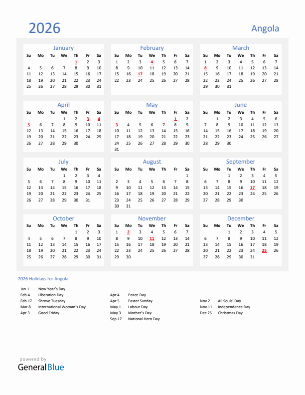 Basic Yearly Calendar with Holidays in Angola for 2026