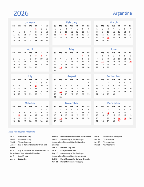 Basic Yearly Calendar with Holidays in Argentina for 2026 