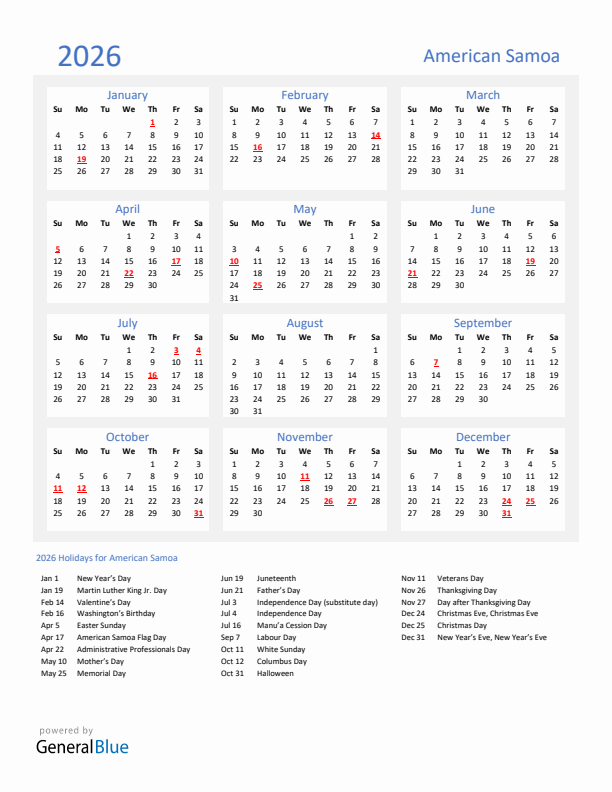 Basic Yearly Calendar with Holidays in American Samoa for 2026 