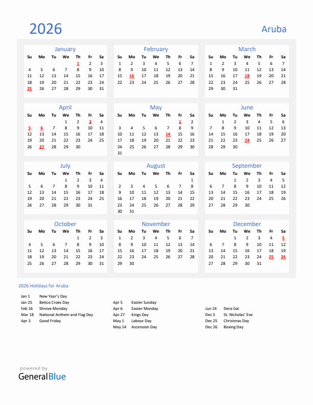 Basic Yearly Calendar with Holidays in Aruba for 2026