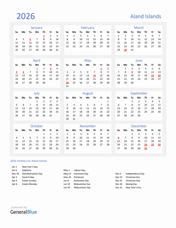 Basic Yearly Calendar with Holidays in Aland Islands for 2026