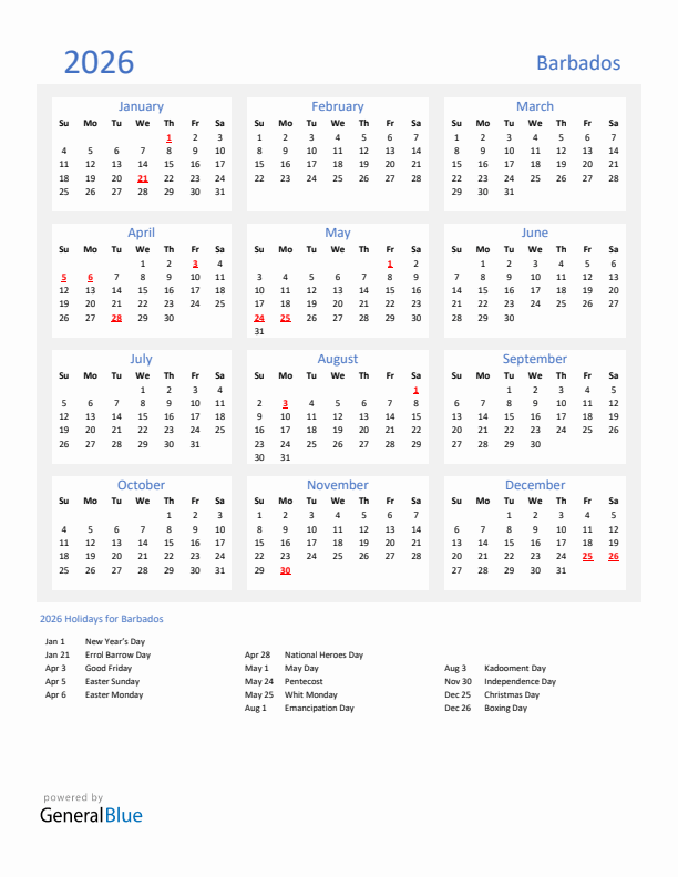 Basic Yearly Calendar with Holidays in Barbados for 2026