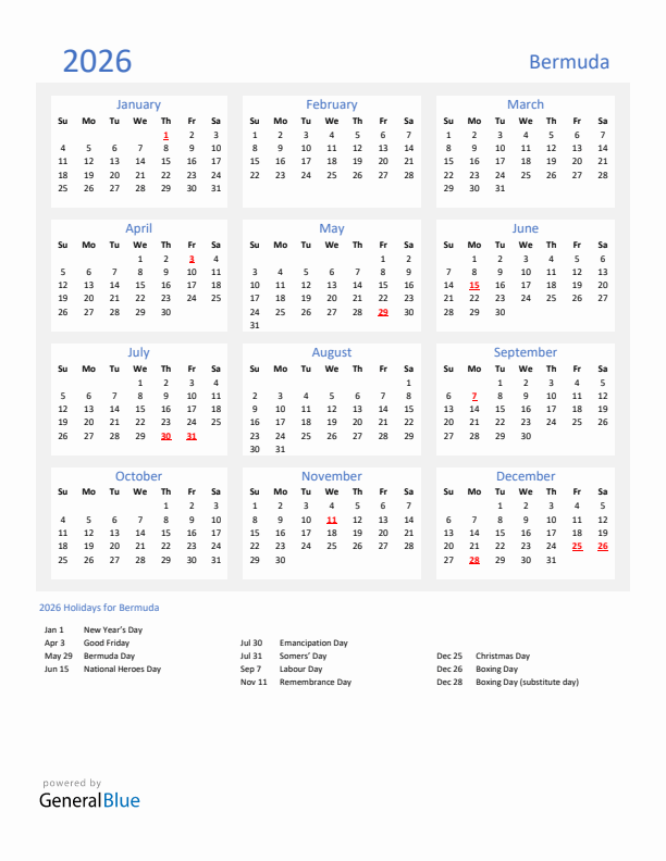 Basic Yearly Calendar with Holidays in Bermuda for 2026
