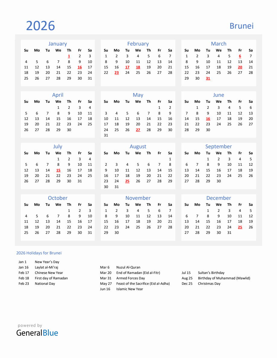 Basic Yearly Calendar with Holidays in Brunei for 2026