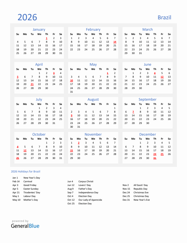 Basic Yearly Calendar with Holidays in Brazil for 2026