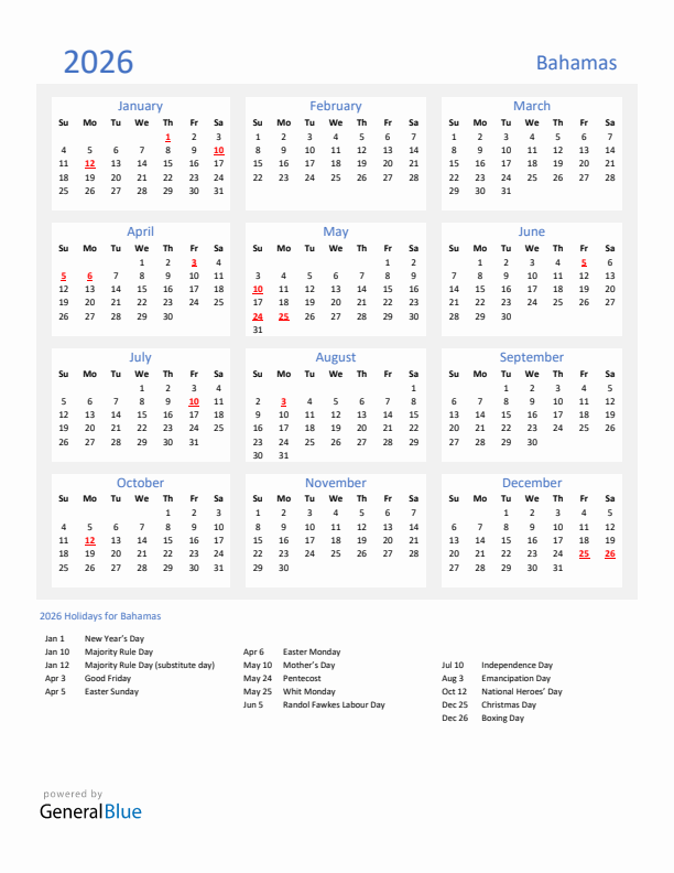 Basic Yearly Calendar with Holidays in Bahamas for 2026